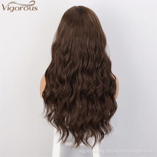 Vigorous High Temperature MediumBrown Long Wavy Wig Middle Part Synthetic Wigs For Black Women Wholesale Price